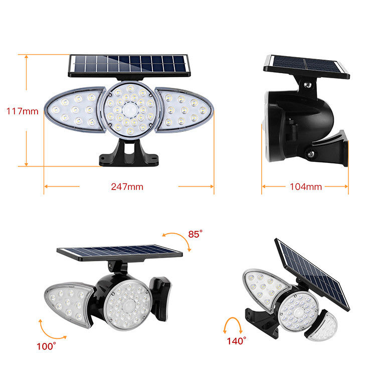 ثلاثة رؤساء 100-400LM 38 قطعة LED الشمسية الاستشعار جدار ضوء للمسار